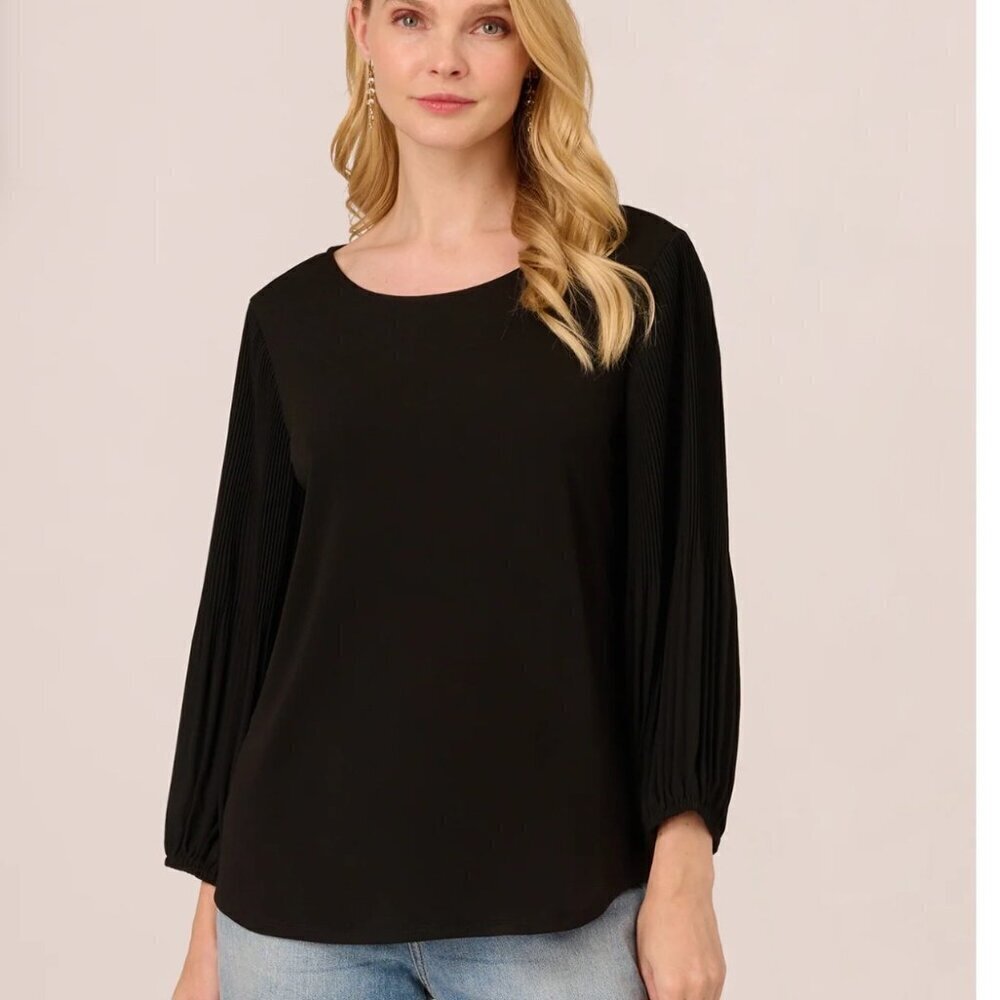 NWT Adrianna Papell Black Pleated Woven Knit Top, Size Medium